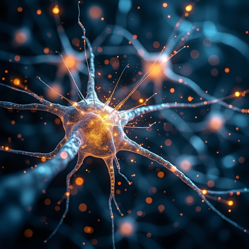 Soft glowing illustration of brain neurons firing colorful chemical sparks like serotonin and dopamine, with energy waves flowing harmoniously, in calming blue and gold tones.