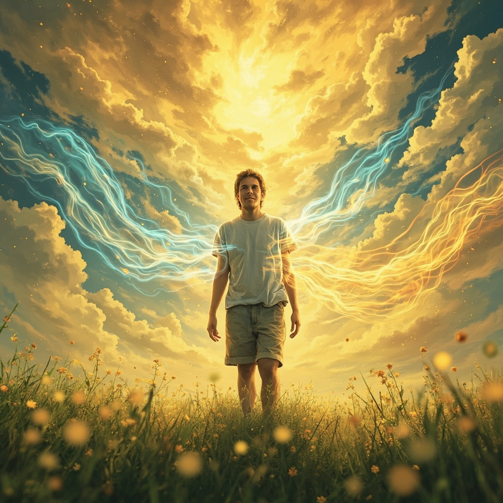 Illustration of a fatigued person surrounded by swirling pollen in a spring field, with soft glowing frequency waves from their body harmonizing the allergens into calm energy flow, restoring vitality and peace.