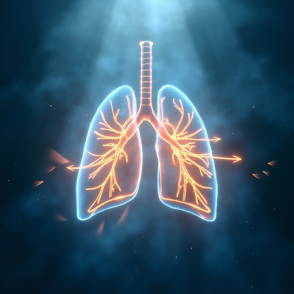 Soft glowing illustration of human heart and lungs with pulmonary valves highlighted in golden light, blood flow arrows smooth on one side blocked on other, serene blue background evoking healing energy.
