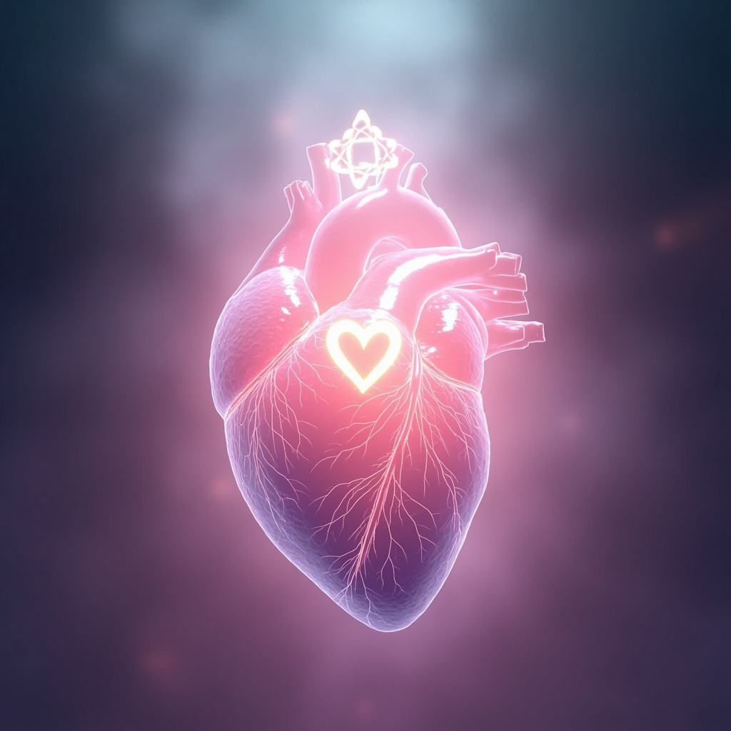 Serene glowing heart illustration with mitral valve highlighted in pink energy waves, heart chakra symbol, soft ethereal light for vitality and love theme