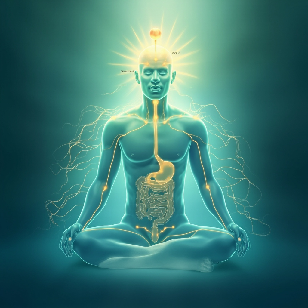 Serene illustration of a human figure in soft lighting, highlighting acupressure points TH18 on head, ST33 on thigh, Sibai on face, CV12 on upper abdomen, Tianshu on lower abdomen, with glowing golden energy lines flowing through the digestive system, calming blue-green tones for healing and vitality.