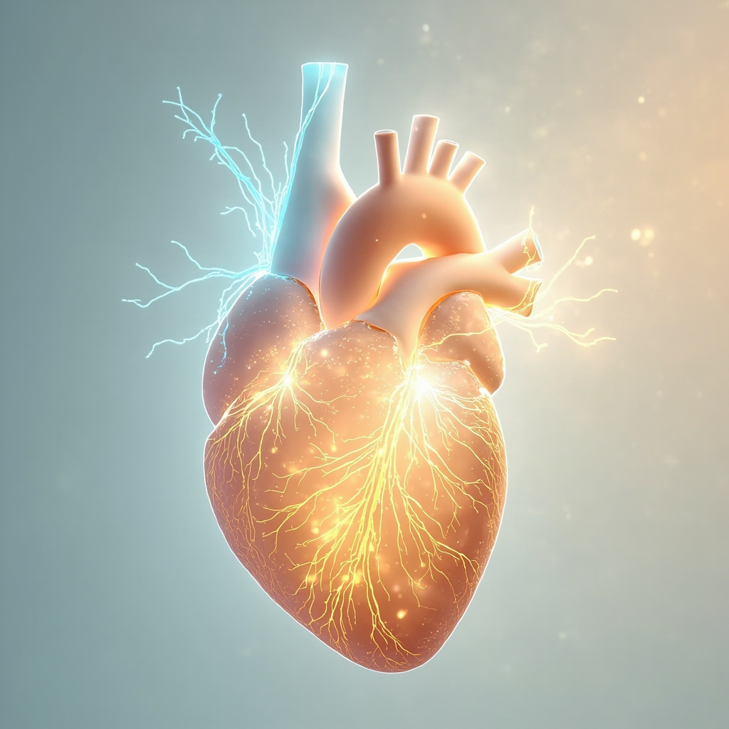 A serene illustration of a glowing human heart in cross-section, highlighting the smooth inner endocardium layer in soft blue and gold energies, symbolizing trust and vitality, minimalist style.
