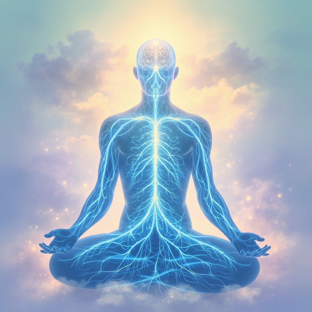 Serene illustration of human nervous system with glowing blue energy pathways flowing smoothly through body, soft golden auras around nerves, subtle stress clouds fading away, meditative background in calm pastels.