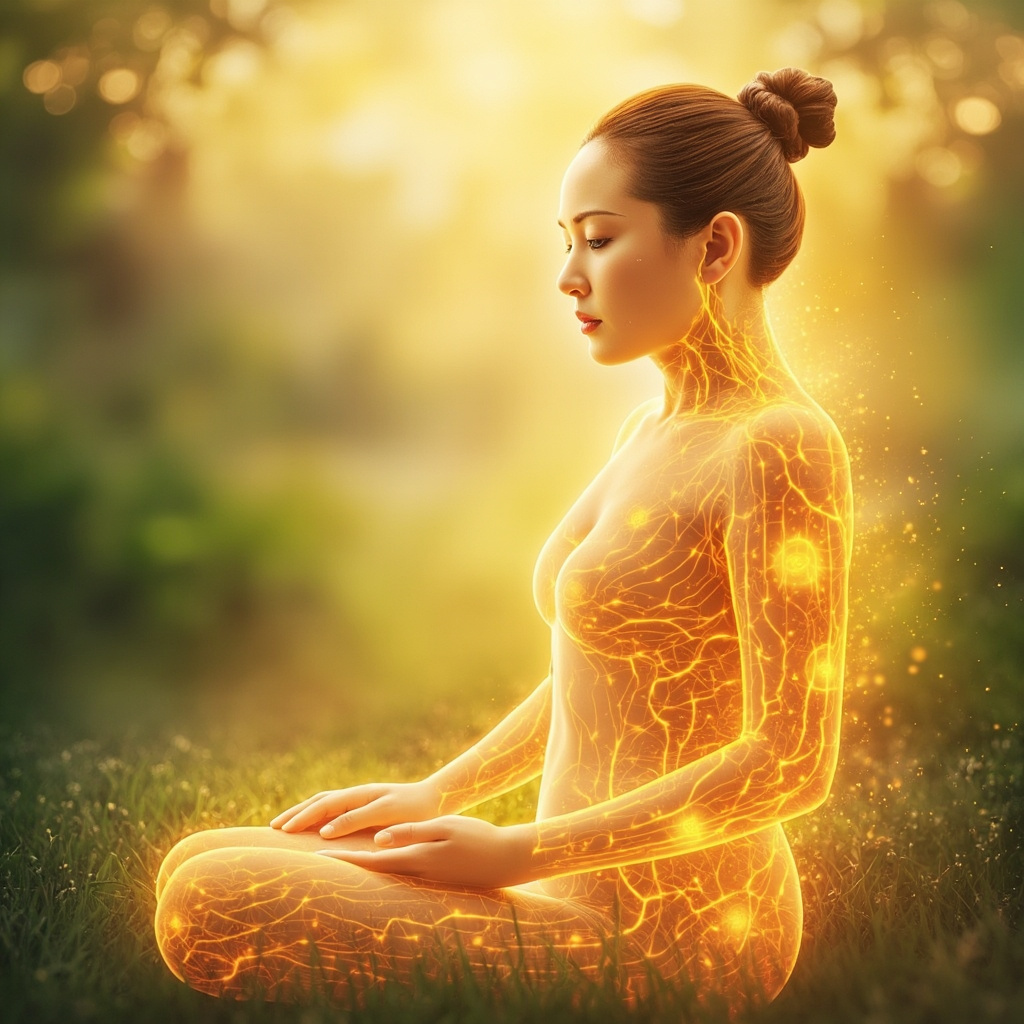 Serene illustration of a person emerging from exhaustion, with glowing golden energy meridians flowing through the body, TCM moxibustion points highlighted, soft healing light in warm tones, background of calm nature.