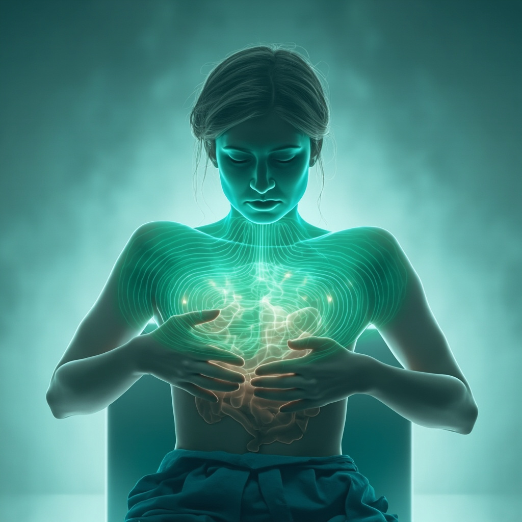 Illustration of a tired person clutching bloated stomach after meal, subtle glowing energy waves balancing gut area, calm blue and green tones, professional medical art style.