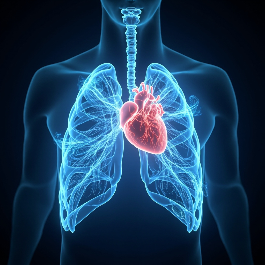 Serene anatomical illustration of the human mediastinum as a glowing central hub in the chest between lungs, featuring heart, trachea, esophagus, and vessels connected by flowing blue energy waves symbolizing breath, circulation, and emotional freedom, soft lighting, professional medical art style
