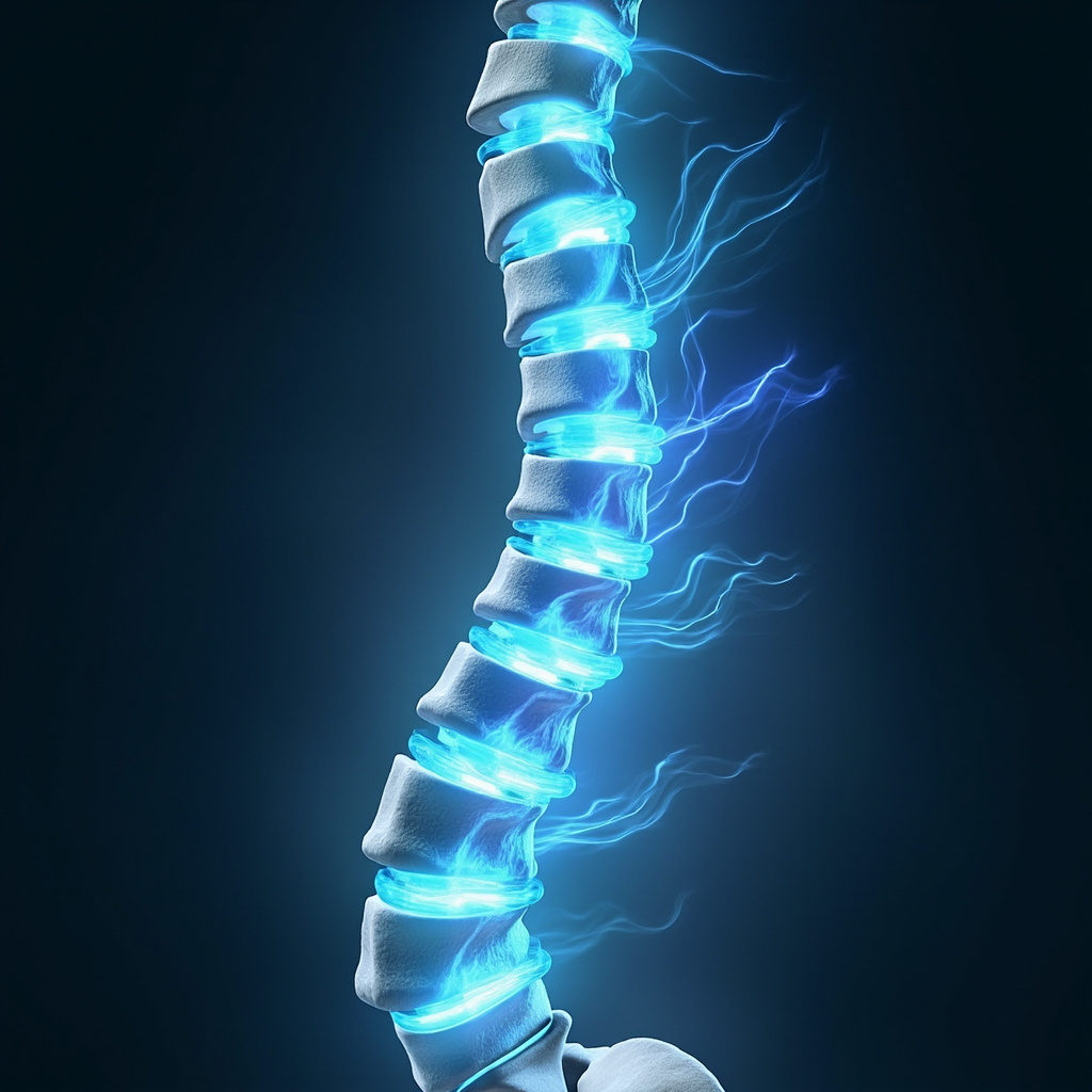 Illustration of a human spine with glowing blue spinal discs, energy waves flowing through vertebrae, soft healing light, professional medical art style.