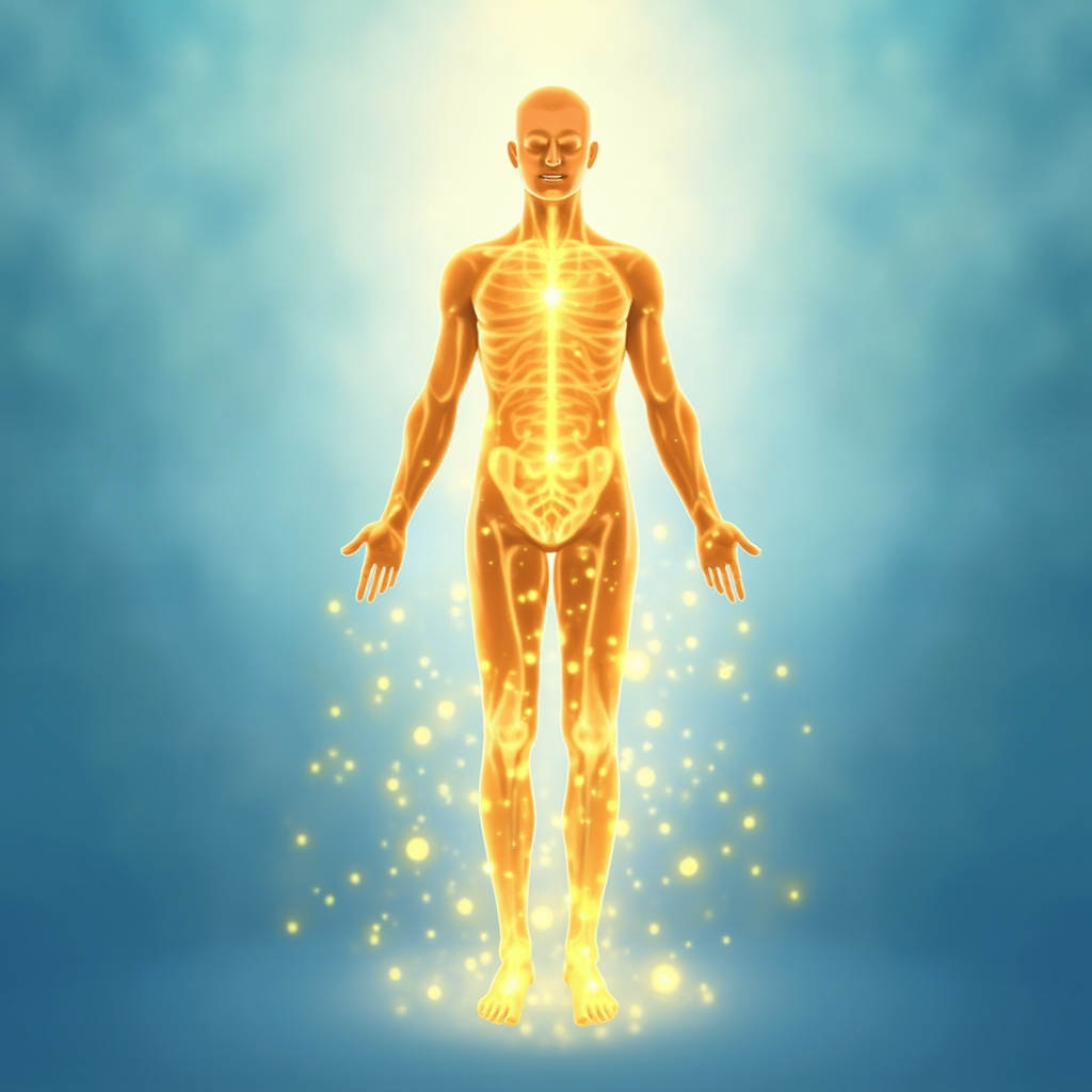 Illustration of a person standing tall with glowing acupuncture points CV6, ST36, BL20, SP6 highlighted in golden light, energy waves flowing from lower abdomen upward, serene background of soft blues representing vitality from chronic fatigue recovery.
