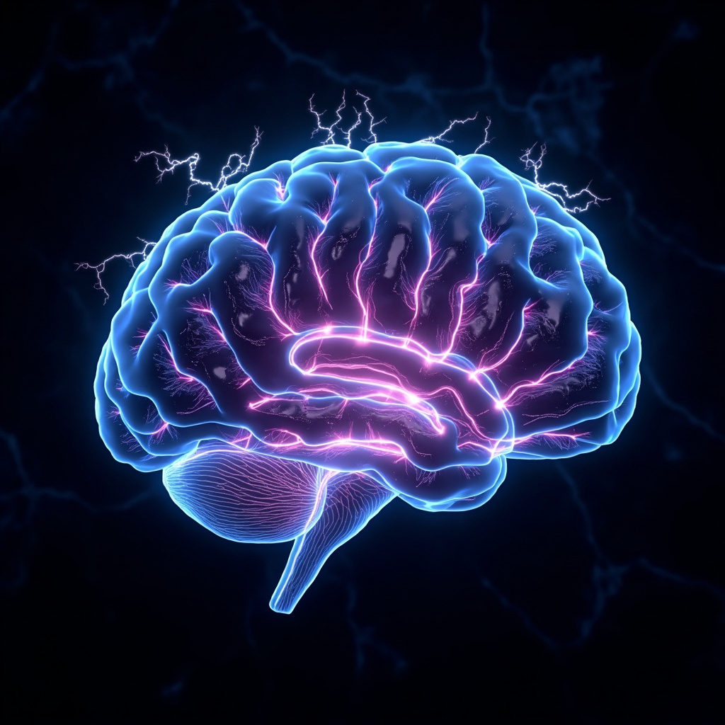 A human brain illustration with glowing blue and purple electrical waves representing beta frequencies (12-30 Hz), highlighting active neural pathways, on a dark background symbolizing early brain health detection and vitality.