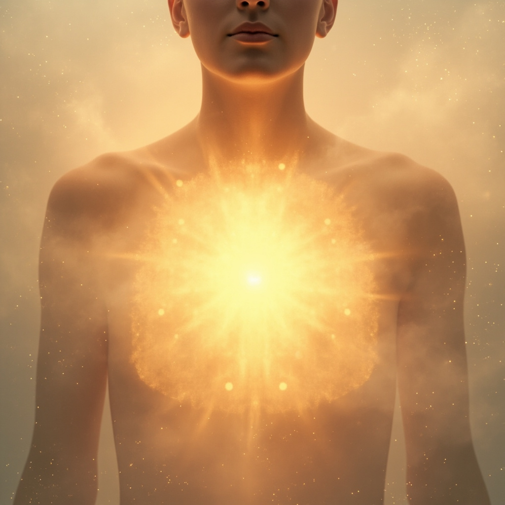 A soft, artistic illustration showing the center of the human chest glowing with a gentle, warm light, representing the energy of the mediastinum, surrounded by a peaceful, ethereal atmosphere.