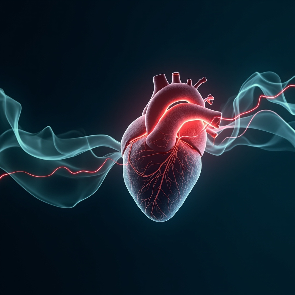Abstract illustration of heart with glowing very high frequency waves in red representing nervousness, harmonized by calming blue energy flows, serene gradients of blue and green, minimalist style.
