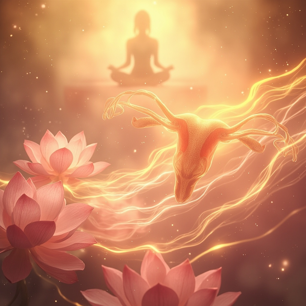 Soft glowing illustration of female reproductive system focusing on cervix, with flowing energy waves in pink and gold, surrounded by lotus flowers symbolizing femininity and healing, serene woman meditating in background.