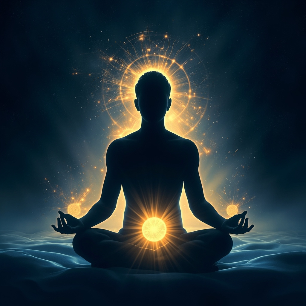 A serene digital illustration of a human silhouette in a meditation pose, with glowing golden energy points at the lower abdomen, wrists, and base of the spine, set against a calming deep blue background with subtle floating geometric frequency waves.
