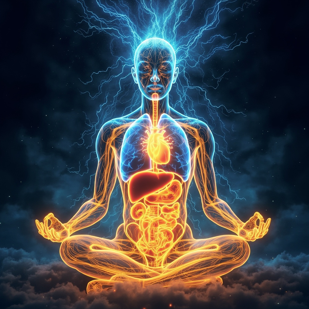 Vibrant human silhouette with glowing vital organs (heart, liver, kidneys, lungs, spleen) connected by flowing energy lines in blue and gold, serene meditative pose, harmonious aura, high detail illustration.