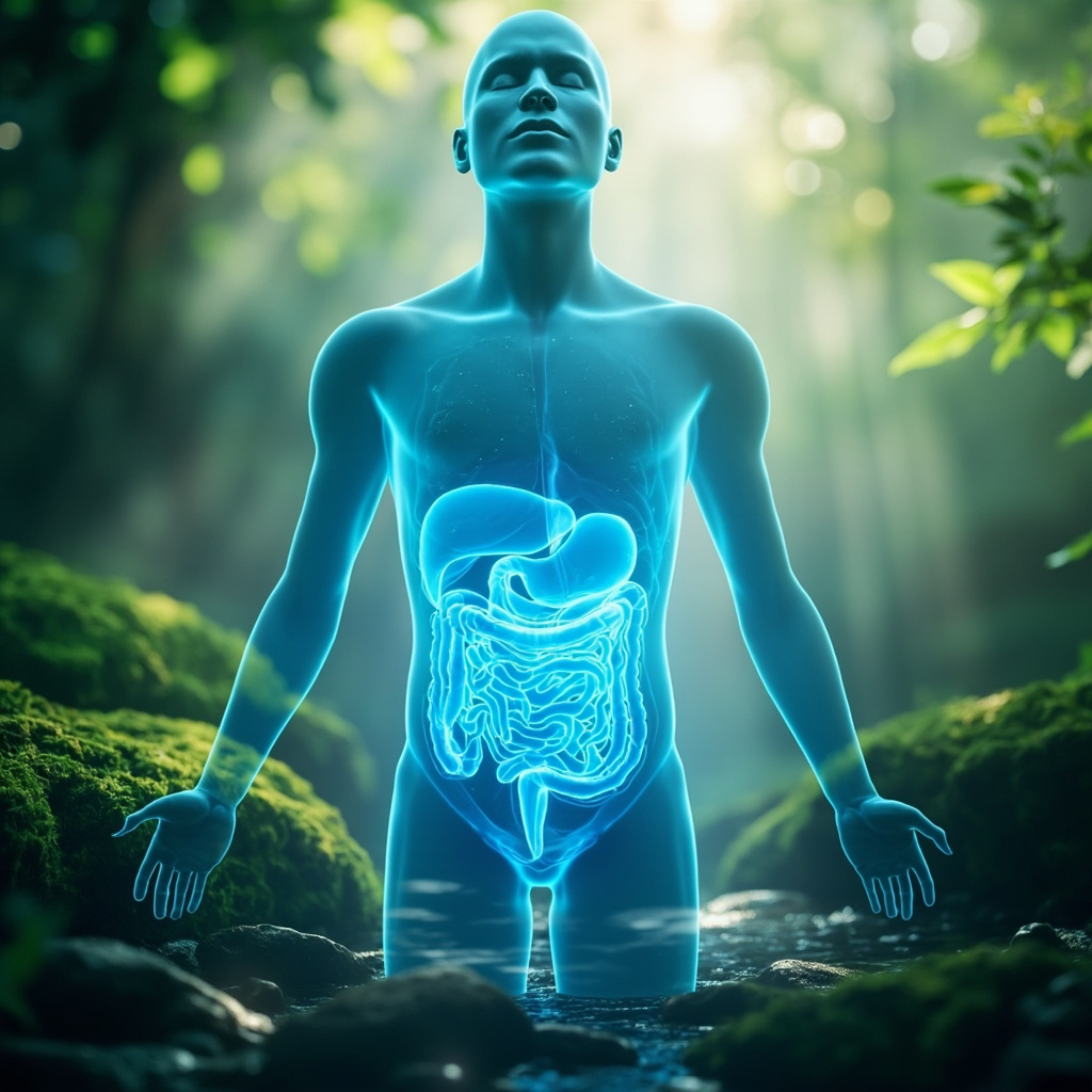 Serene illustration of a glowing human silhouette with soft blue energy waves flowing through the abdomen and digestive system, healing a bloated stomach, surrounded by calming nature, evoking restored vitality and balance.