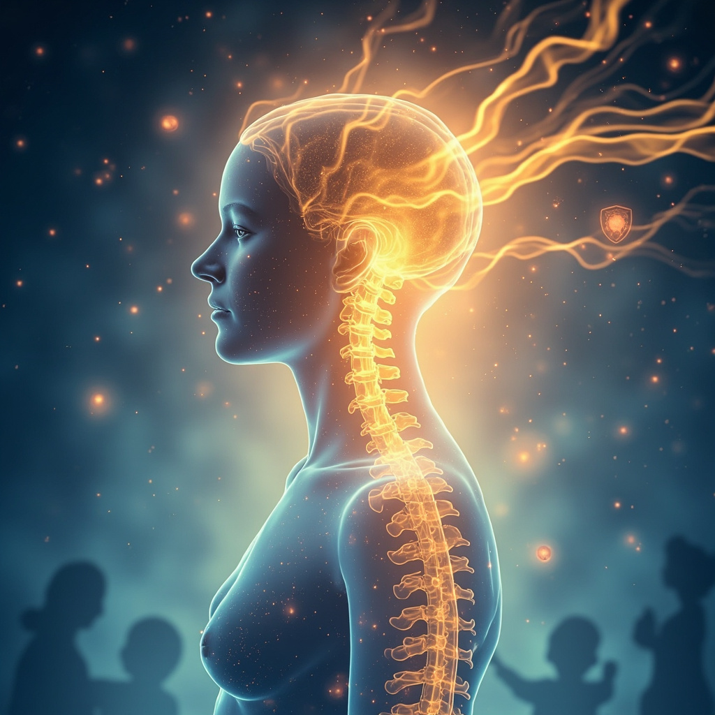 Serene digital illustration of the human spine in profile, with the T6 vertebra in the mid-thoracic region glowing in warm golden light, surrounded by subtle energy waves, protective shield icons, a cozy home hearth symbol, and family silhouettes in soft blue tones, evoking safety and belonging.