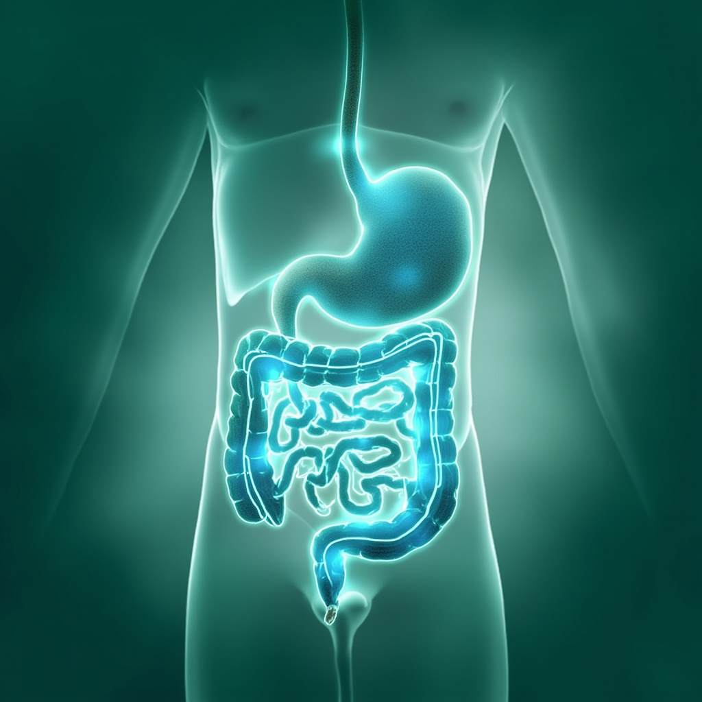 Serene illustration of a person with glowing golden energy meridians flowing smoothly through the abdomen, chest, and back, symbolizing balanced digestion and vitality, soft blue background, meditative pose.