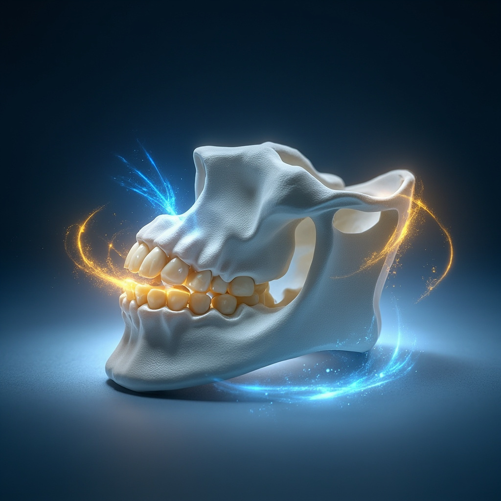 Serene close-up illustration of a human lower jaw with soft glowing energy auras in blue and gold, symbolizing vitality, emotional expression, and power, anatomical details visible, calming background.