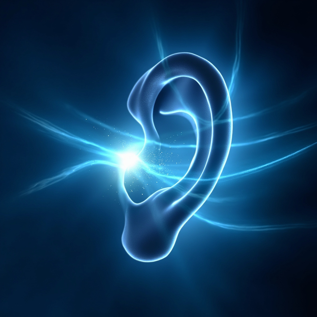 Serene digital illustration of the human inner ear, focusing on the glowing cochlear nerve with soft blue energy waves emanating, symbolizing emotional harmony and sound healing, in a peaceful meditative style.