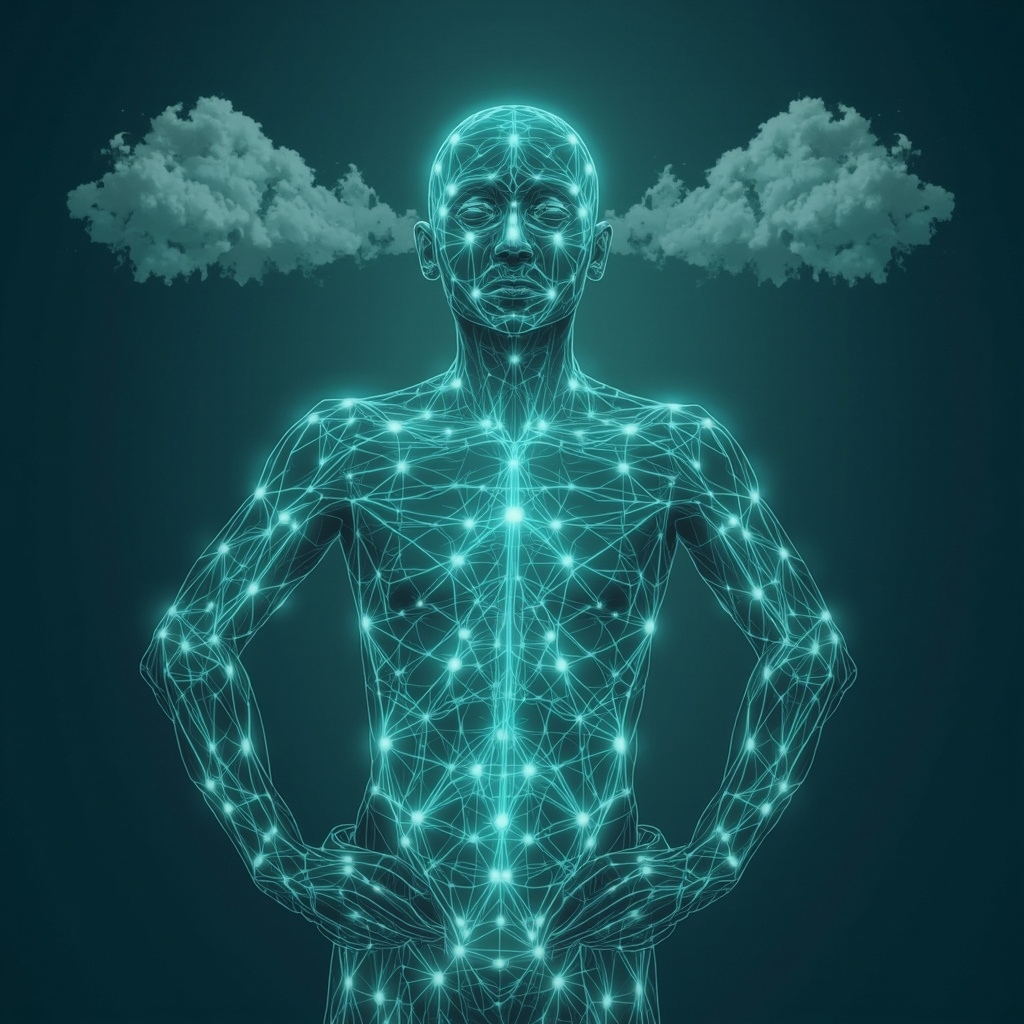 Illustration of a fatigued person with slumped posture, weak muscles, and foggy thought bubbles, overlaid with glowing TCM energy meridians on neck, stomach, face, head, and abdomen in soothing blue-green tones, symbolizing imbalance and potential healing.