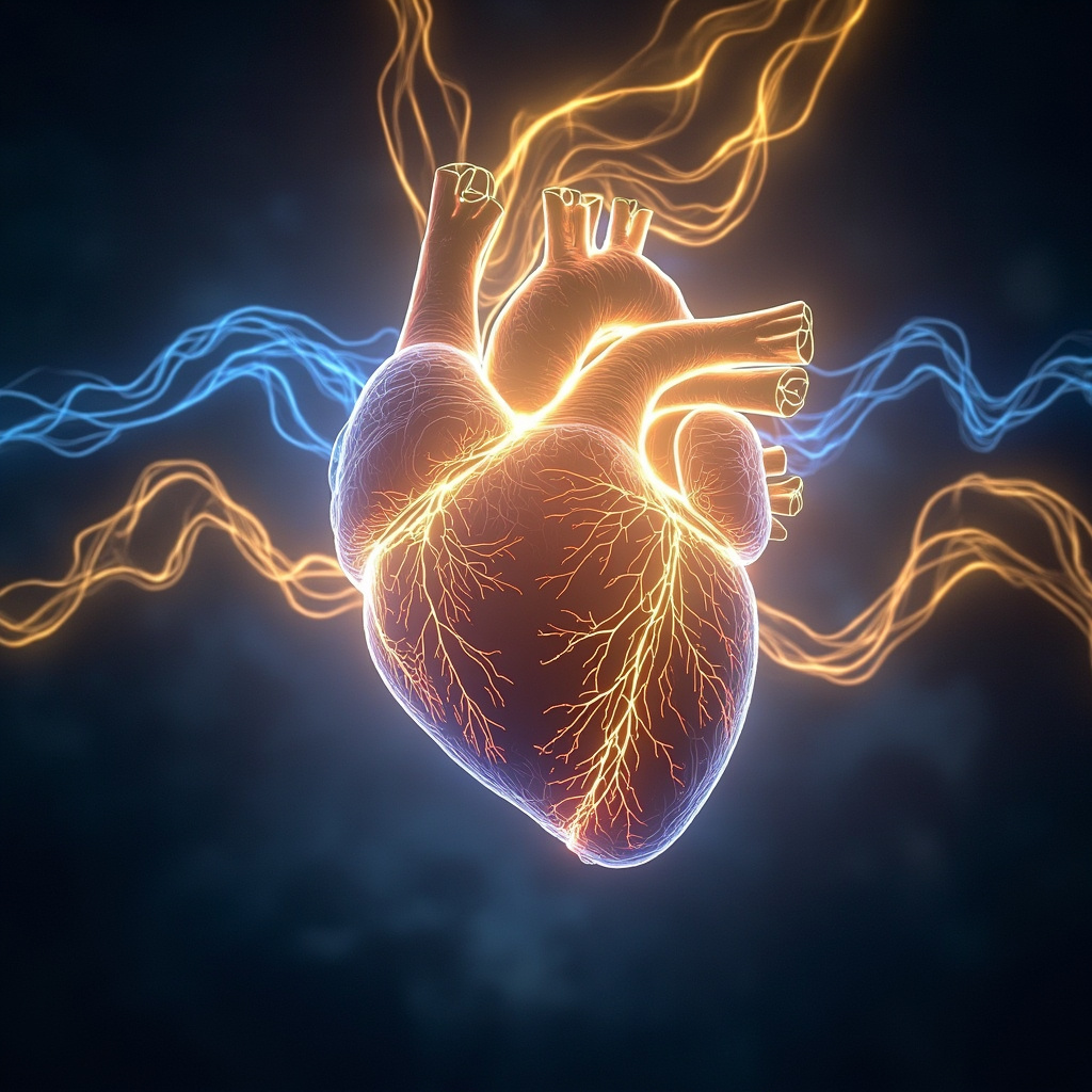 A high-quality, serene illustration of a glowing, energetic heart structure pulsing with soft, rhythmic light, surrounded by gentle waves of blue and gold energy, symbolizing balance and oxygenation.