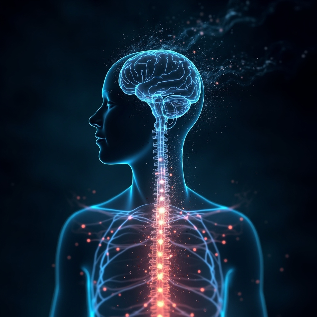 Serene illustration of glowing energy flows regulating blood pressure in the brainstem and spinal cord, with balanced chakras and calm human silhouette, soft blue and red tones symbolizing vitality and stress relief