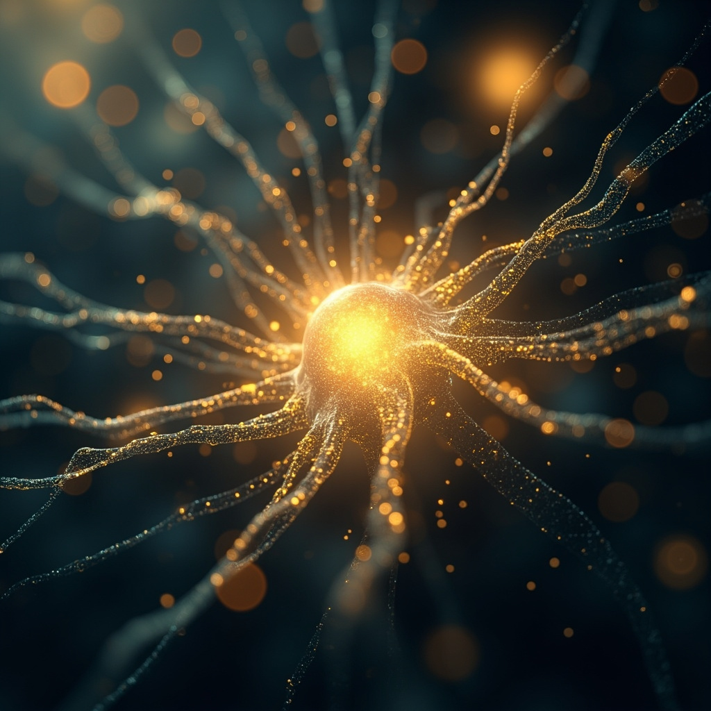 Illustration of a glowing golden cell nucleus at the center of a neuron, surrounded by flowing energy waves, brain neurons in background, soft light rays symbolizing vitality, identity, and emotional balance, in serene blue and gold tones.