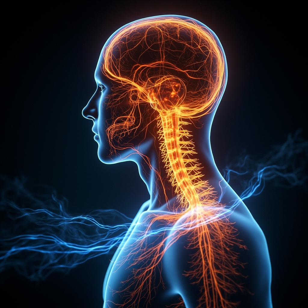 Illustration of the sympathetic nervous system as glowing orange pathways along the spine branching to heart, lungs, and muscles during a fight-or-flight response, with calming blue waves reducing the glow for balance