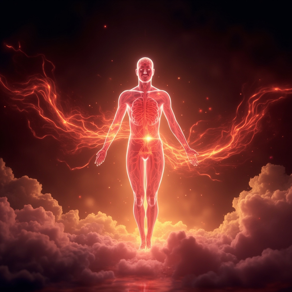 A serene illustration of glowing red energy rivers flowing smoothly through a transparent human silhouette, centered on the heart, with soft auras of vitality and joy emanating outward.