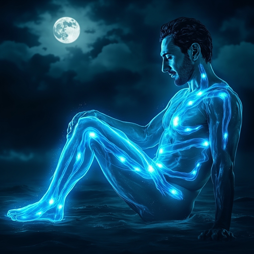 Prompt: Illustrative image of a fatigued person in summer heat, sweating profusely at night, with glowing blue energy waves balancing TCM points GB32 on thigh, LR10 on calf, LU8 on wrist, CV23 on throat, ST25 on abdomen, restoring vitality and coolness.