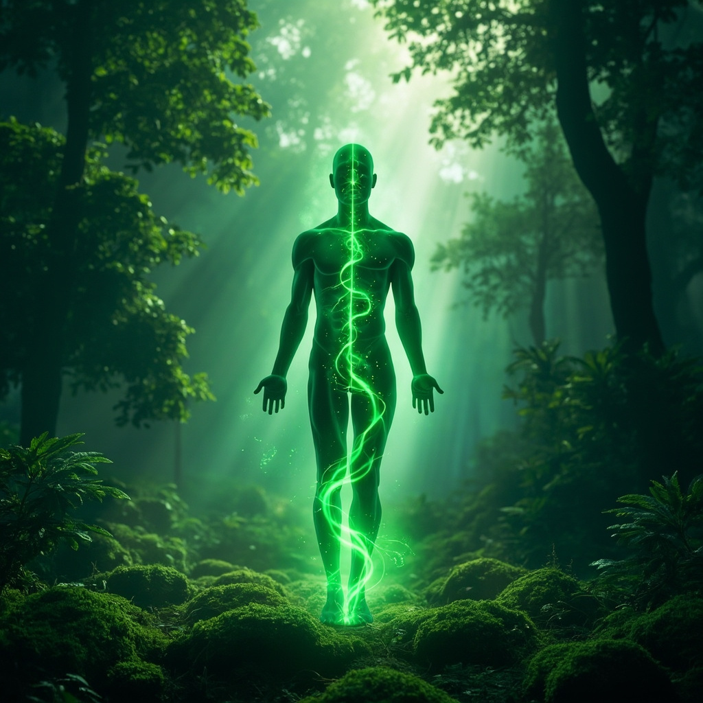 Glowing green energy pathway of Liver meridian on human silhouette from big toe up leg torso to head, smooth flowing waves, zen forest background, illustrative healing art.