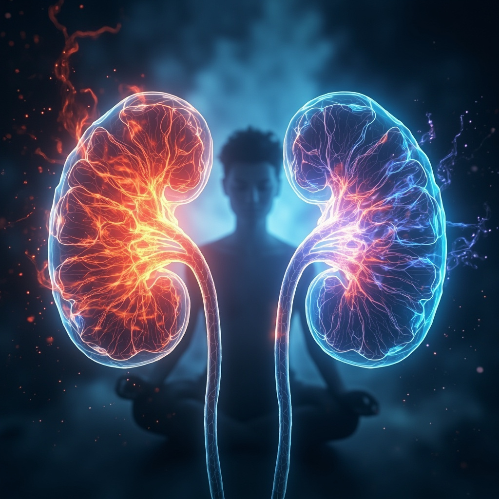 Illustrative image of glowing adrenal glands on kidneys, with chaotic red stress waves transforming to calm blue energy flows, serene person meditating in background, soft glowing frequencies