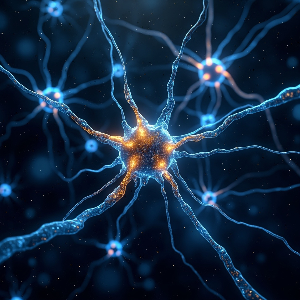 Vibrant digital illustration of glowing blue and gold neurons interconnected in a neural network, with soft energy waves pulsing through them, evoking vitality, calm, and emotional balance against a dark cosmic background.