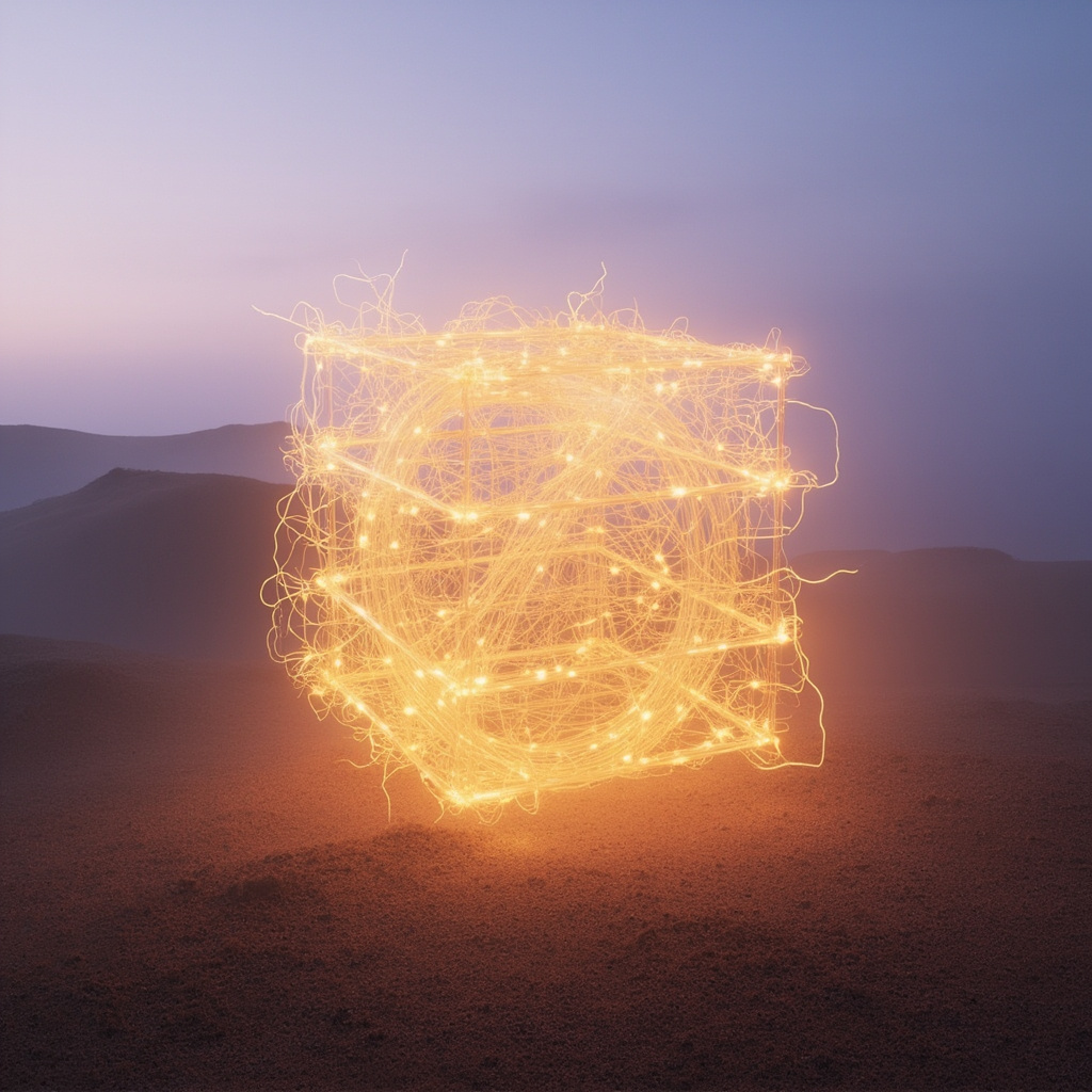 A serene, abstract visualization of glowing, interconnected golden light threads forming a stable, grounded shape against a soft, calm landscape background.