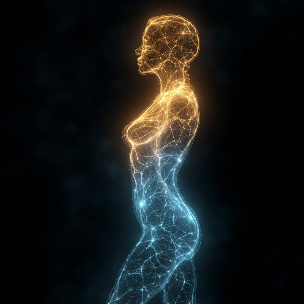 A serene, abstract visualization of glowing, interconnected energy pathways within a human silhouette, soft golden and blue light, high resolution, calming atmosphere