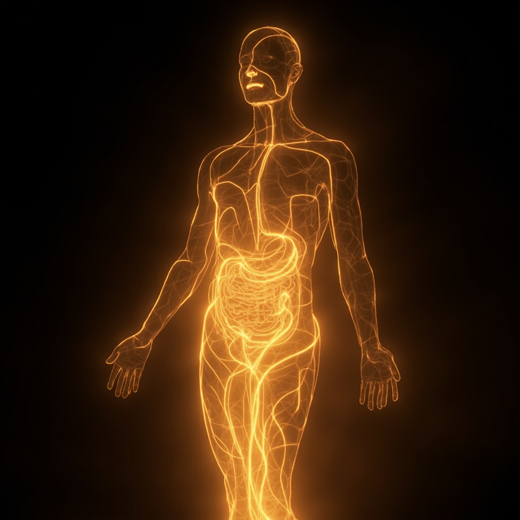 A serene, abstract visualization of glowing, interconnected energy pathways flowing through a human silhouette, symbolizing digestive harmony and vitality.