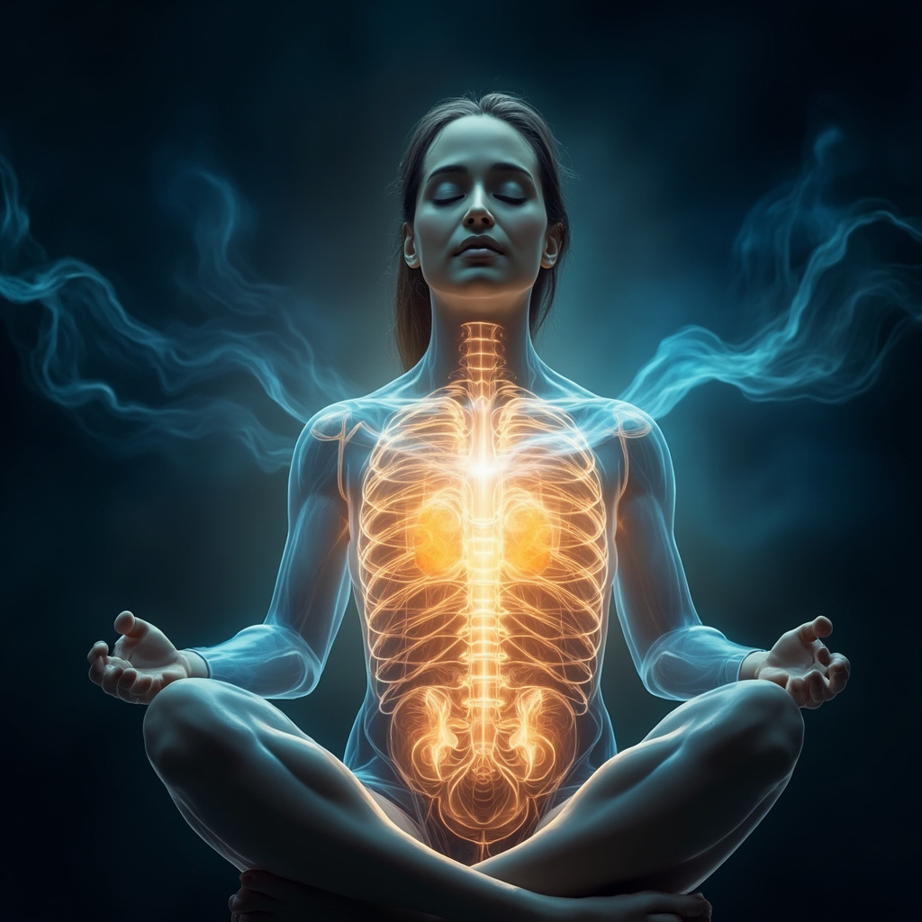 Serene person meditating with glowing adrenal glands on kidneys, soft energy waves in blue and gold, vital aura