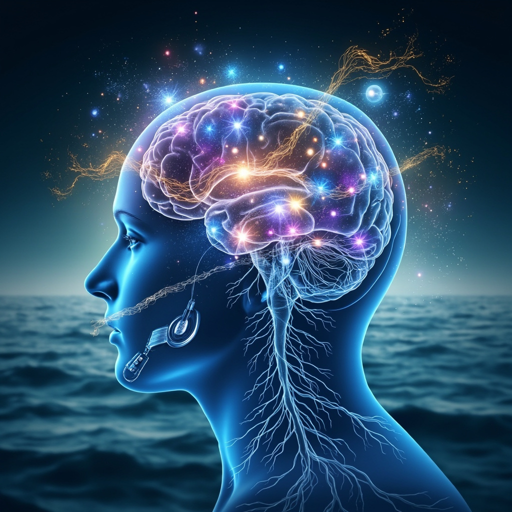 Illustration of a human brain with glowing blue and purple neurotransmitter molecules like serotonin and dopamine flowing smoothly through neural pathways, harmonized by incoming golden sound waves and subtle frequency vibrations from headphones and a small device, background soft gradient of calm ocean waves, evoking peace and mental clarity, high resolution, professional medical art style.