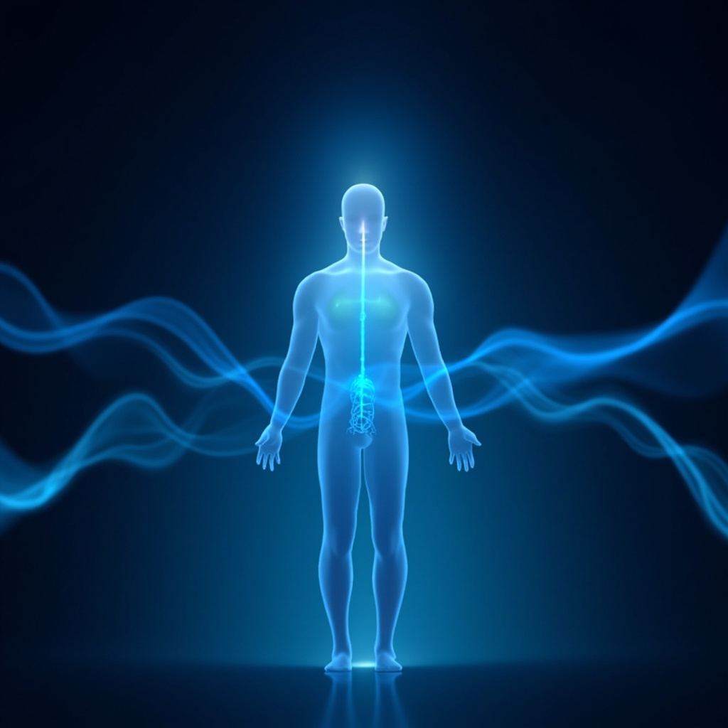 Serene illustration of a human silhouette with glowing adrenal glands and brain stem in blue hues, energy waves flowing smoothly, symbolizing balanced noradrenaline and calm alertness, professional wellness art style.