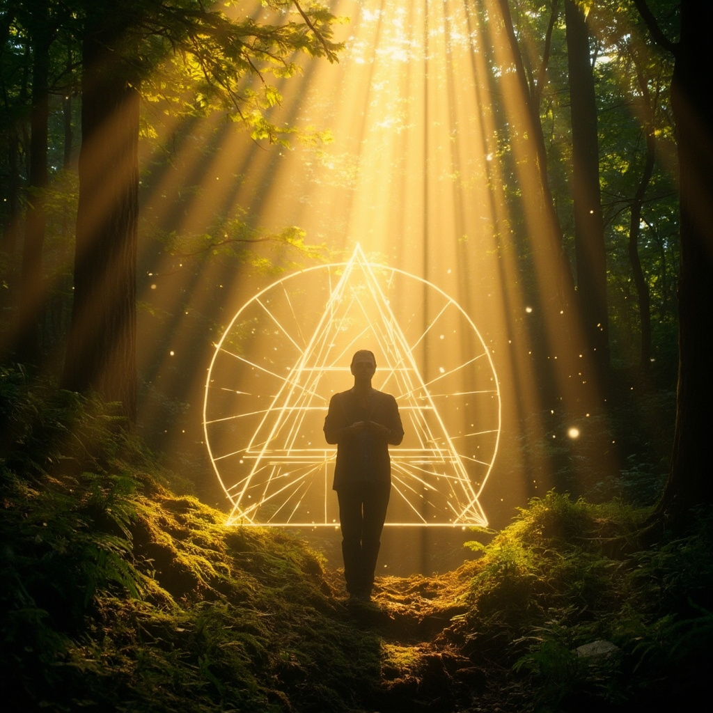 A high-quality, serene image of a person standing in a sunlit forest, with soft, glowing geometric light patterns overlaying their silhouette to represent energy flow and coherence.