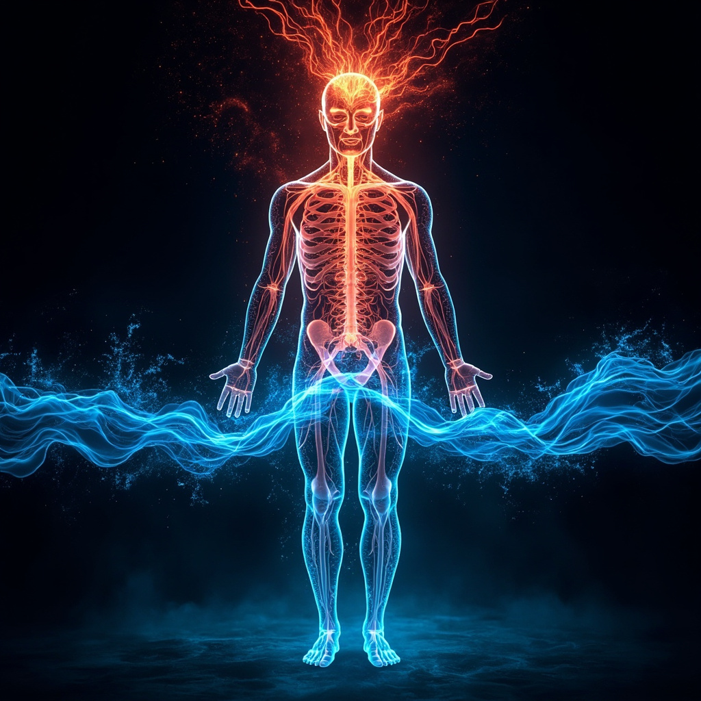 Illustration of a human silhouette with the sympathetic nervous system glowing red and overactive, contrasted by calming blue parasympathetic waves balancing it, stressed face fading to serene meditation pose, soft energy flows.