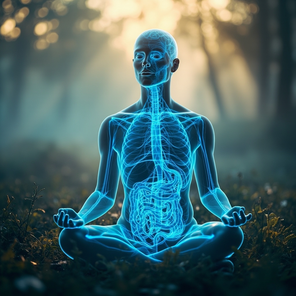 Calm meditative figure with glowing blue parasympathetic nerves from brain to gut, soft light background, serene nature setting.