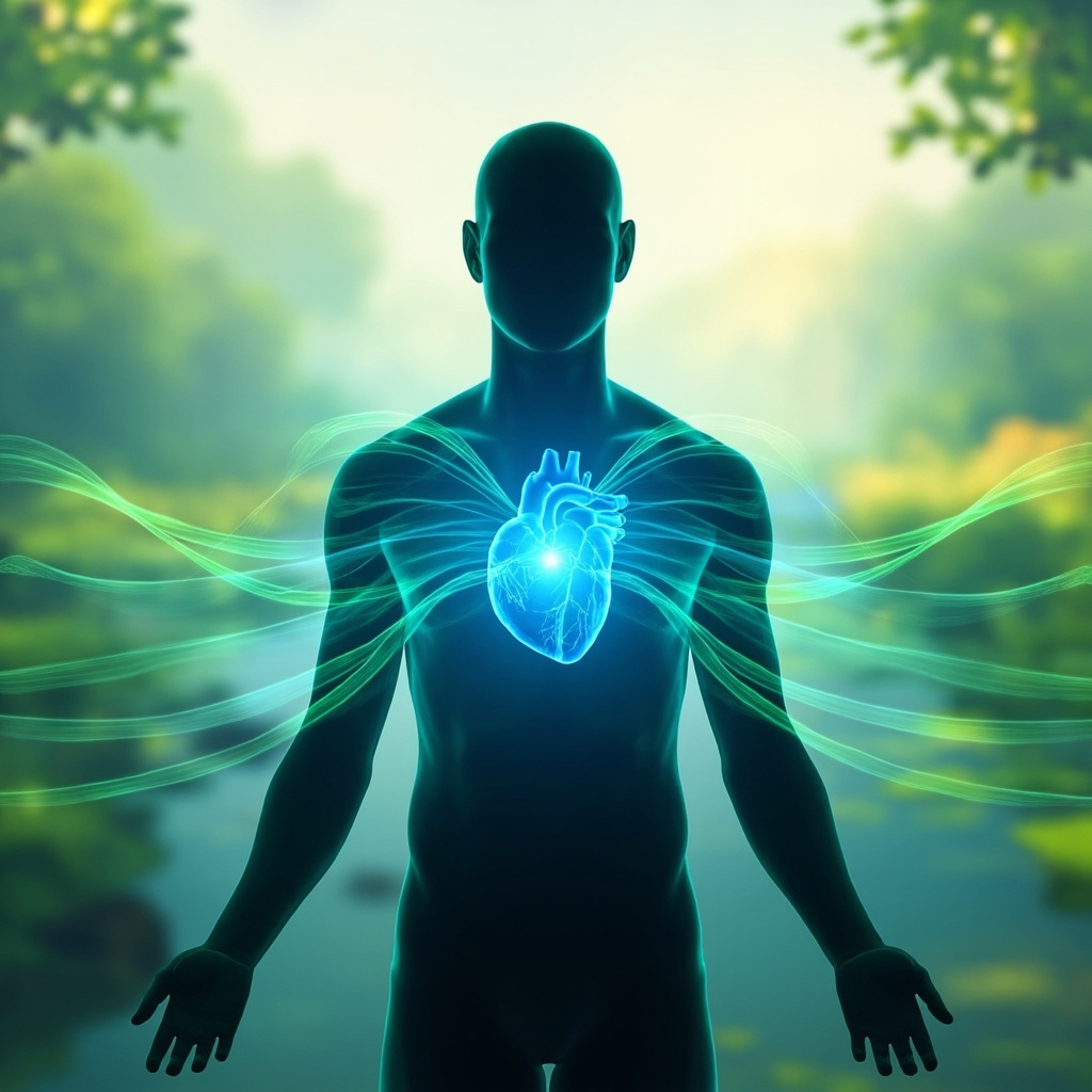 Serene human silhouette with glowing blue heart waves pulsing at calm frequencies, soft green energy flows representing parasympathetic activation, peaceful nature background, illustrative style for health article.