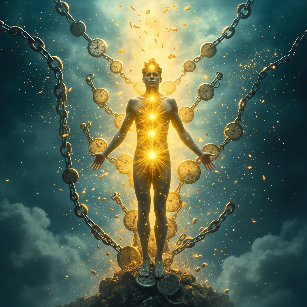 Illustration of a human silhouette with glowing chakra energy centers, solar plexus highlighted in yellow, breaking free from clock chains symbolizing procrastination, soft blue background for calm healing vibe