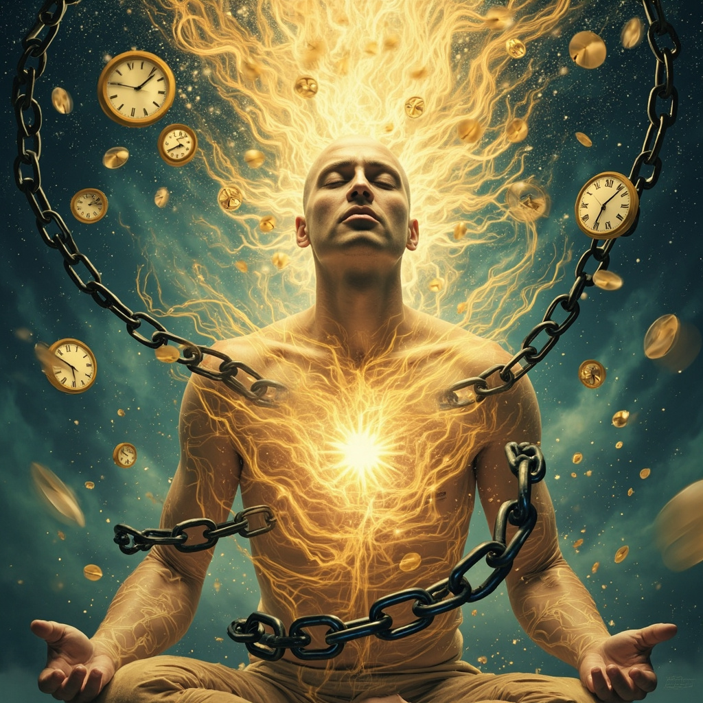 Illustration of a person breaking free from procrastination chains, with glowing chakra energy flows from solar plexus, surrounded by clocks turning forward, serene expression, soft blue and gold tones.