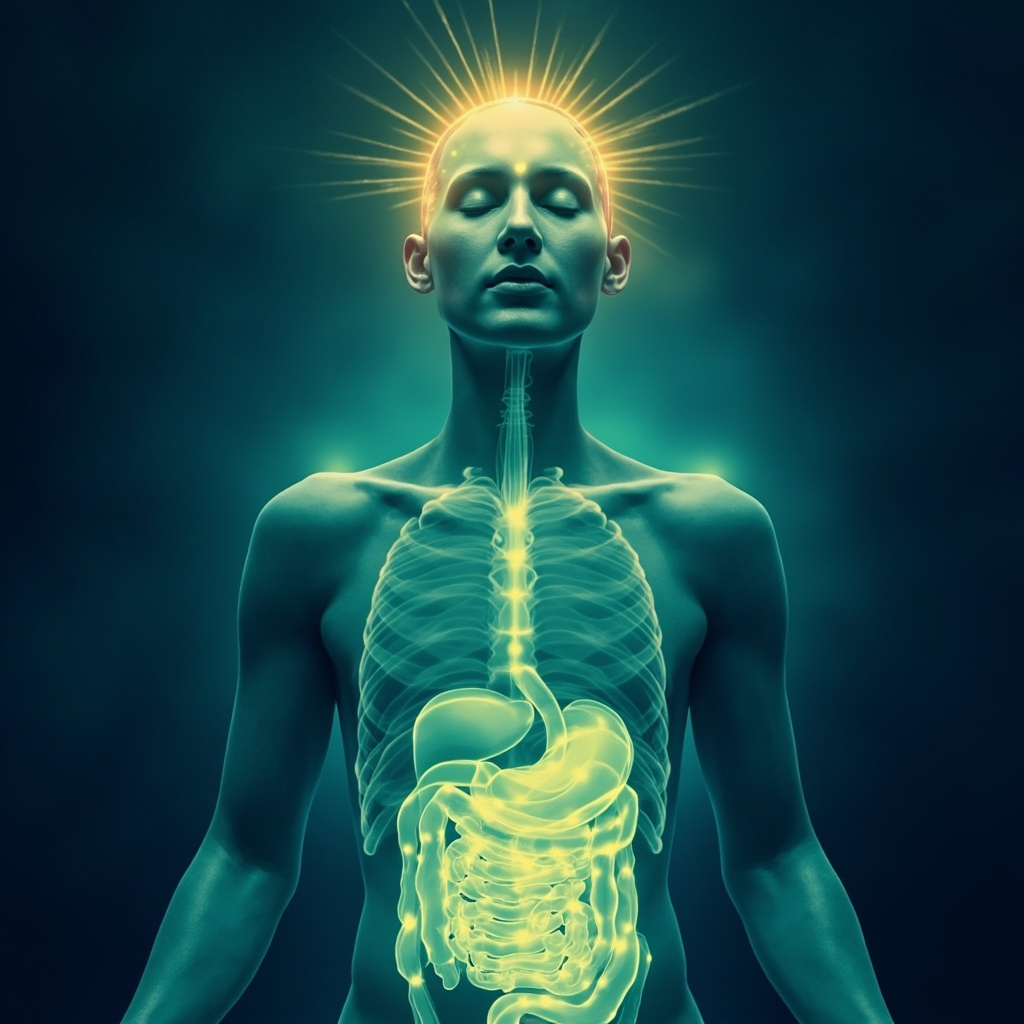 Professional illustration of a person meditating with glowing acupuncture points on shoulders, face, and chin connected by soft energy waves flowing to a calm digestive system, evoking balance and vitality, in serene blue and green tones.