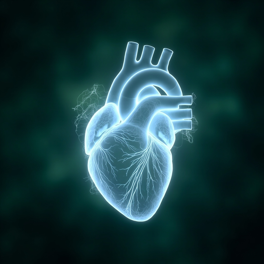 Serene glowing human heart anatomy, right ventricle highlighted in soft blue light with flowing energy waves symbolizing balance, healing from stress, calming green background, professional medical illustration style.