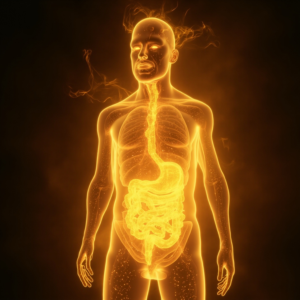 A serene, abstract representation of light and energy flowing through the human body, focusing on the digestive area with warm, golden tones to symbolize vitality and balance.