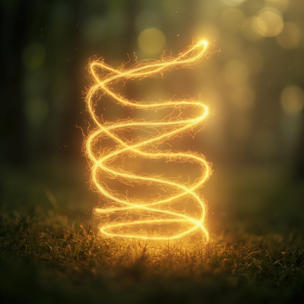 A serene, abstract representation of flowing electrical golden light forming a balanced, harmonious organic structure in a soft, natural setting.