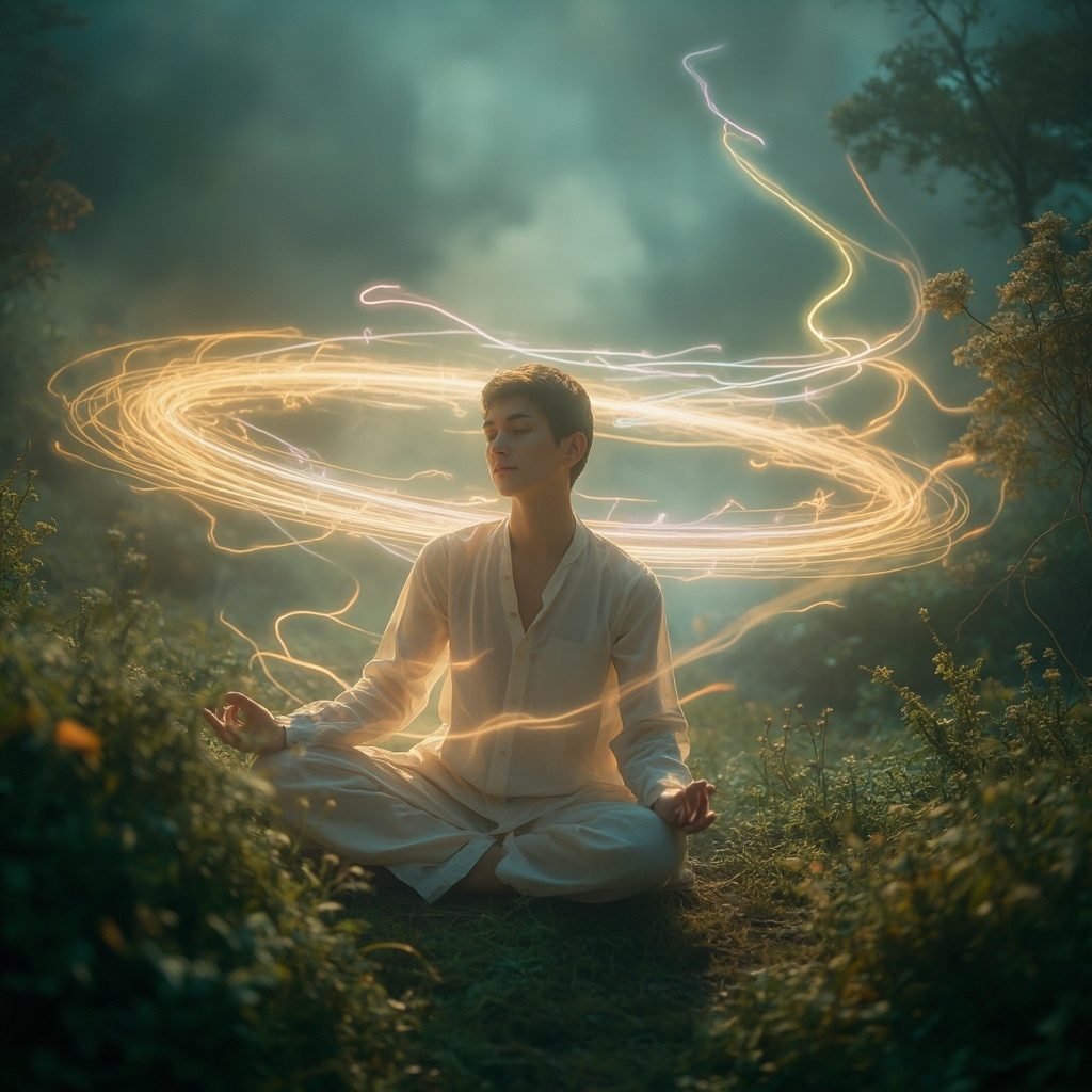 A serene, artistic representation of a person surrounded by soft, glowing light frequencies, symbolizing energy restoration and balance in a natural setting.